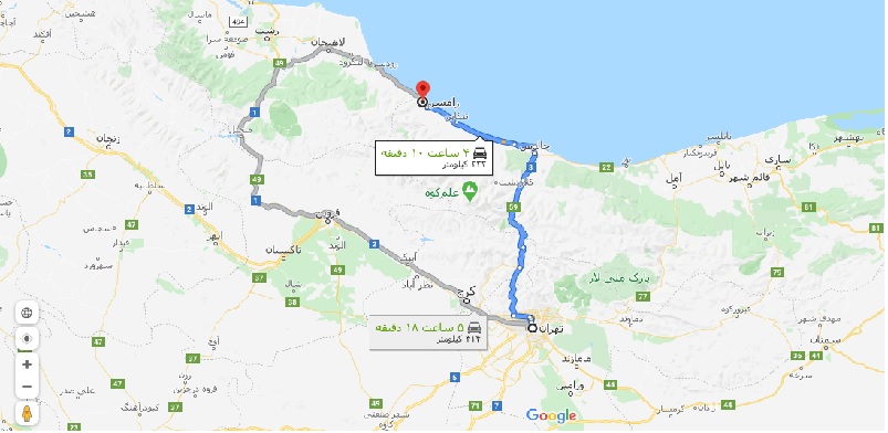 فاصله تهران تا رامسر از اتوبان جدید